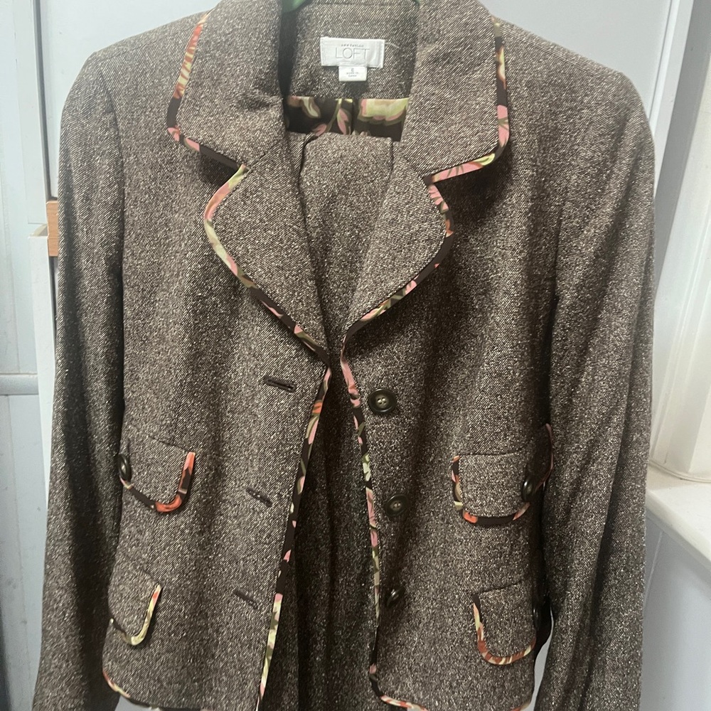 LOFT Brown Tweed Blazer with Floral Accents With Matching Pants